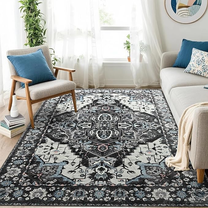 Beglad Area Rugs 4x6 for Living Room, Bedroom, Washable Vintage Rugs -Low Pile Soft Distressed Rugs for Kitchen, Dining Room, Non Shedding, Black and Blue