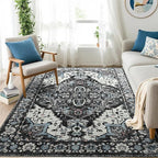 Beglad Area Rugs 4x6 for Living Room, Bedroom, Washable Vintage Rugs -Low Pile Soft Distressed Rugs for Kitchen, Dining Room, Non Shedding, Black and Blue