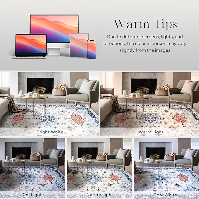 Phantoscope Washable Area Rug 4'x6' Non-Slip, Vintage Boho Rugs for Living Room, Bedroom, Dining Room, Medallion Persian Symmetrical Pattern, Low-Pile Foldable Floor Carpet, vory Blue/Orange