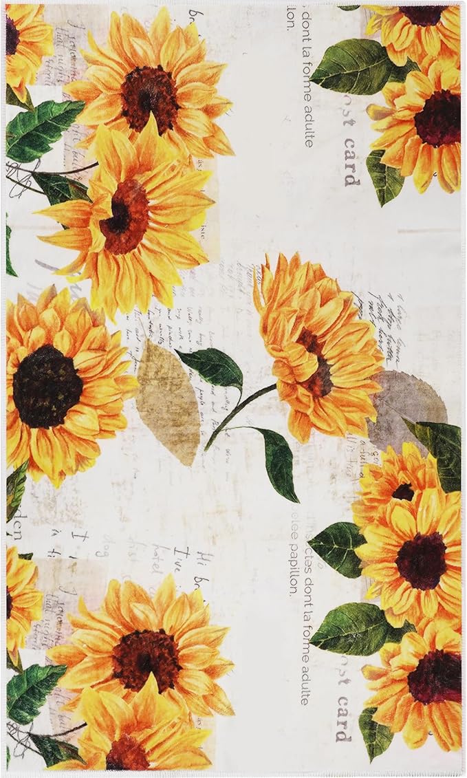 Sunflower Machine Washable Area Rug 4' x 6', Soft Non Slip Botanical Accent Floral Indoor Rugs, Vintage Rugs for Living Room Bedroom Floor Carpet Yoga Mat Home Office