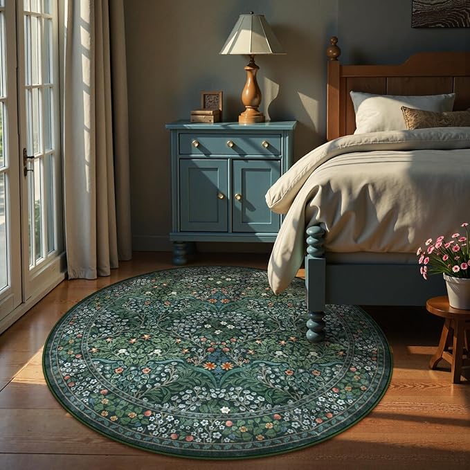 Lahome Floral Washable Round Area Rug, Soft Round Rugs 6ft Ultra-Thin Non-Slip, Boho Stain Resistant Large Circle Carpet for Bedroom Living Room Kitchen Nursery, Dark Green