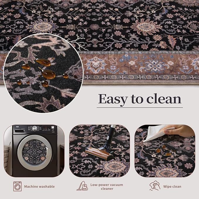 Ciicool Small Area Rug, 2x3ft Boho Black Rug, Ultra Soft Entry Rugs for Entryway, Non-Slip Washable Rugs Oriental Low-Pile Indoor Mat Floor Carpet for Entrance Bedroom Kitchen Bathroom Foyer Decor