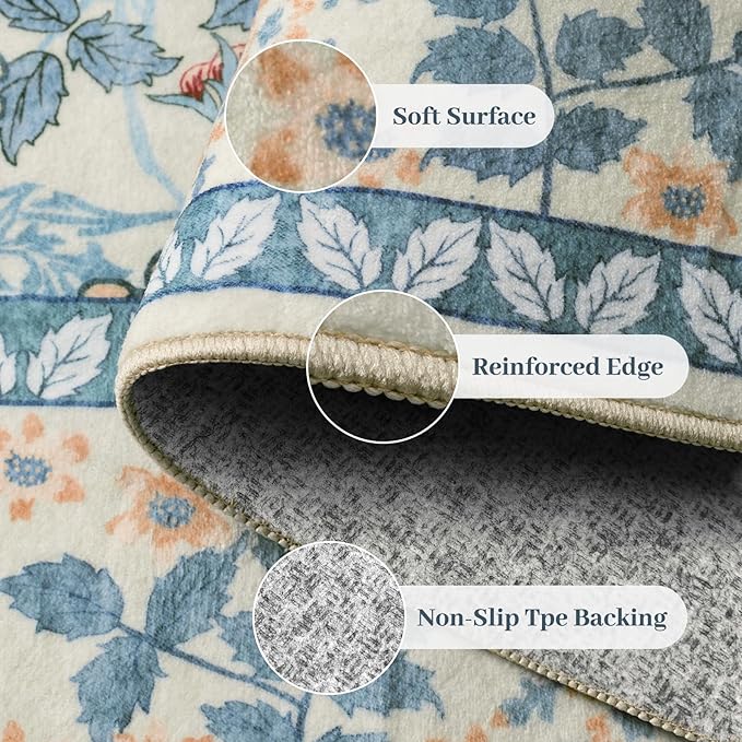 8x10 Area Rugs Living Room Rug - Floral Vintage Forest Washable Carpet, Low Pile Non-Slip Stain Resistance Boho Soft Large Carpet for Bedroom, Dining Room, Office, Farmhouse (8'x10' Blue/Orange)