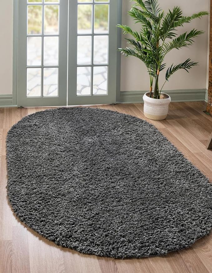 Unique Loom Davos Shag Collection Area Rug - Solid (7' 10" x 10' Oval, Peppercorn)