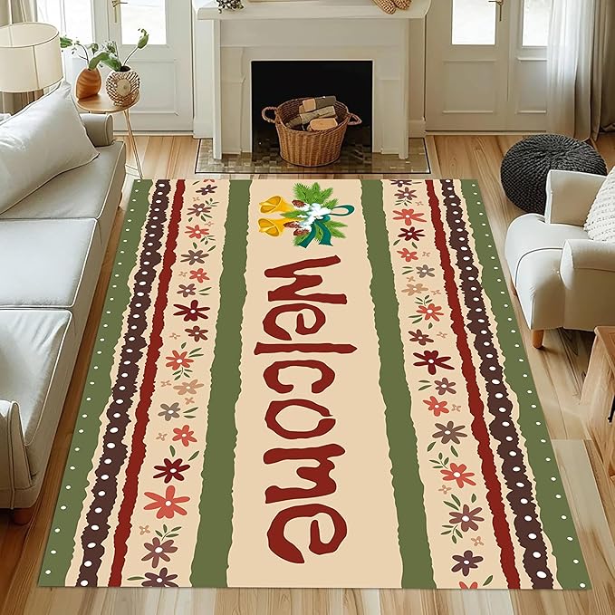 Vintage Christmas Area Rugs 4x5ft Merry Christmas Snowflakes Floral Winter Holiday Decorative Floor Mats Xmas Decorative Rugs for Living Room Bedroom Doormats Welcome Mats Non-Slip and Durable