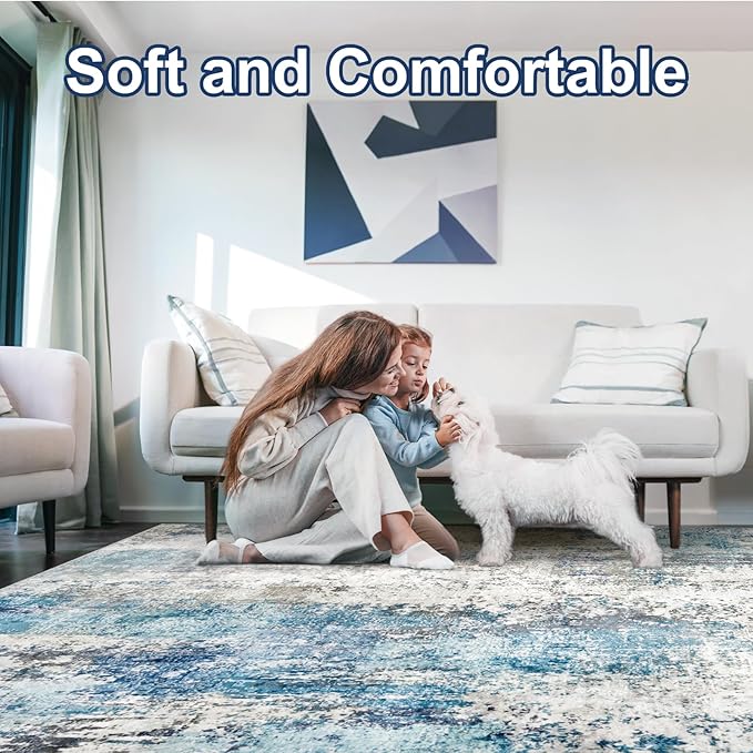 Washable Area Rugs for Living Room 8x10 - Large Neutral Modern Abstract Rug, Soft Low Pile Carpet with Non Slip Backing for Under Dining Room Table, Bedroom, Home, Office, Dorm - Blue Gray
