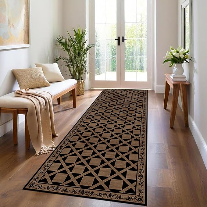 Minimalist Checkered Runner Rug, 2.6x7ft, Brown Checkerboard Floor Mat, Floral Print Hallway Kitchen Runners Rugs, Washable Breathable Reduce Noise Room Decor Carpet for Bedroom Foyer