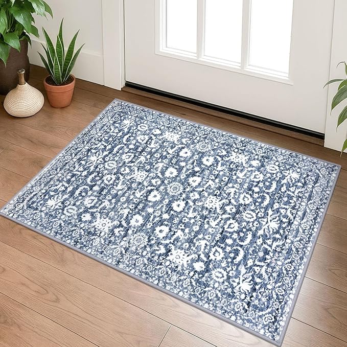 Vintage Entryway Rug 2x3 Washable, Light Blue White Kitchen Rug, Super Soft Thin Faux Wool Small Area Rug, Non-Slip Accent Mat for Foyer, Bedroom, Office