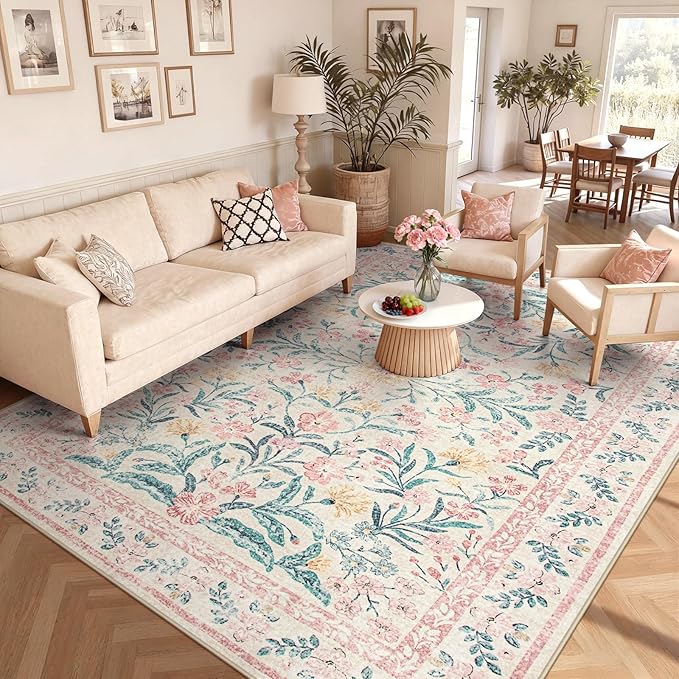 Wonnitar 8x10 Washbale Rugs for Living Room, Boho Pink Room Decor for Girls Bedroom, 8 x 10 Soft Non Slip Low Pile Indoor Floral Carpet for Kids Room Playroom Toddler Nursery