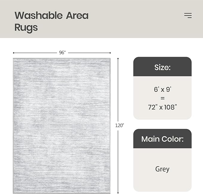 Valenrug Washable Rugs 6x9 - Non Slip 6x9 Area Rugs for Living Room, Stain Resistant Area Rugs for Bedroom, Foldable Machine Washable Area Rug(6'x9', Grey)