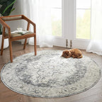 jinchan Kelda Round Rug 4ft Washable Area Rug Indoor Vintage Floor Cover Distressed Circle Mat 4' Round Lightweight Non Slip Low Pile Thin Carpet for Entryway Kitchen Living Room Bedroom Grey
