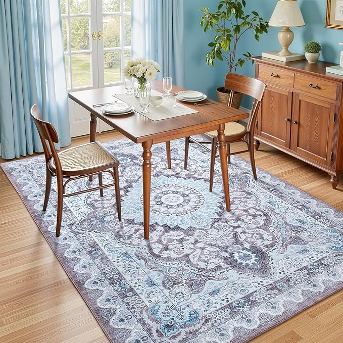 6x9 Area Rug for Bedroom, Machine Washable Rugs with Non-Slip Backing for Living Room, Large Vintage Carpet Kitchen Laundry Kids Room Decor, Blue & Brown
