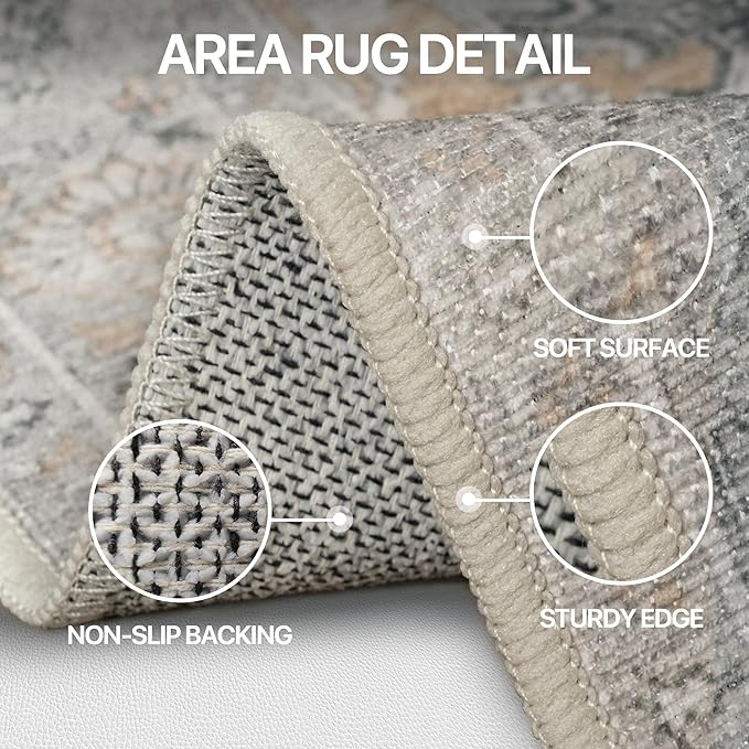 Bavni 2x7 Washable Runner Rug for Hallway, Vintage Grey Rug with Non-Slip Backing, Oriental Distressed Print Indoor Kitchen Runner, Low Pile Thin Soft Small Rugs for Entryway, Bedroom, Laundry Room