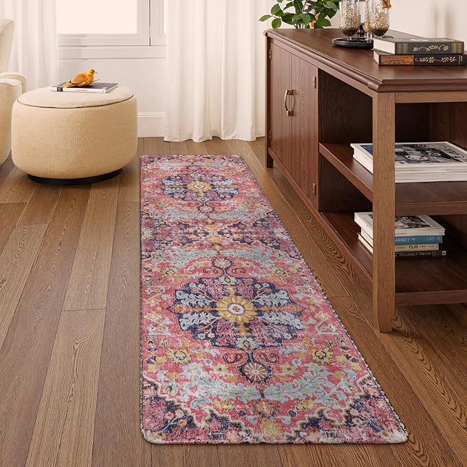 Lahome Bohemian Floral Medallion Runner Rug - 2x6 Hot Pink Hallway Runner Laundry Mat, Machine Washable Non-Slip Soft Indoor Carpet for Bathroom Bedside Basement Camper Home Decor, Fuchsia/Multi