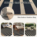 Lahome Striped Easy Jute Area Rug 6x9, Outdoor Patio Rug Neutral Black Carpet for Living Room Classroom, Farmhouse Low Pile Non Slip Non Shedding Floor Carpet for Dining Room Office