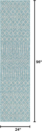 Unique Loom Outdoor Trellis Collection Area Rug - Tribal Trellis (2' x 8' Runner, Aqua/ Ivory)