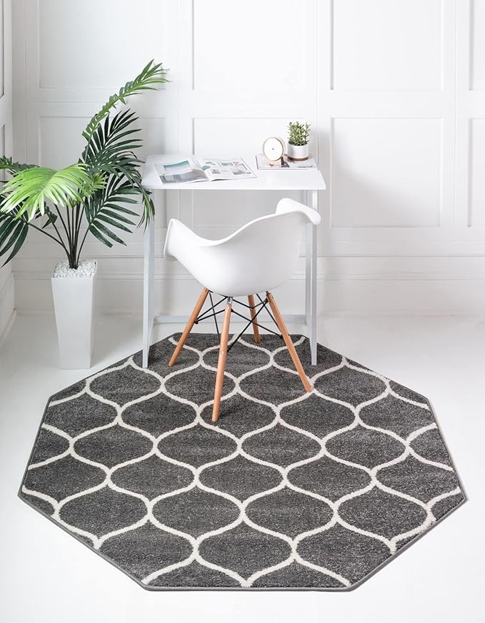 Rugs.com Lattice Frieze Collection Rug – 7' 10 Octagon Dark Gray Medium Rug Perfect for Living Rooms, Kitchens, Entryways