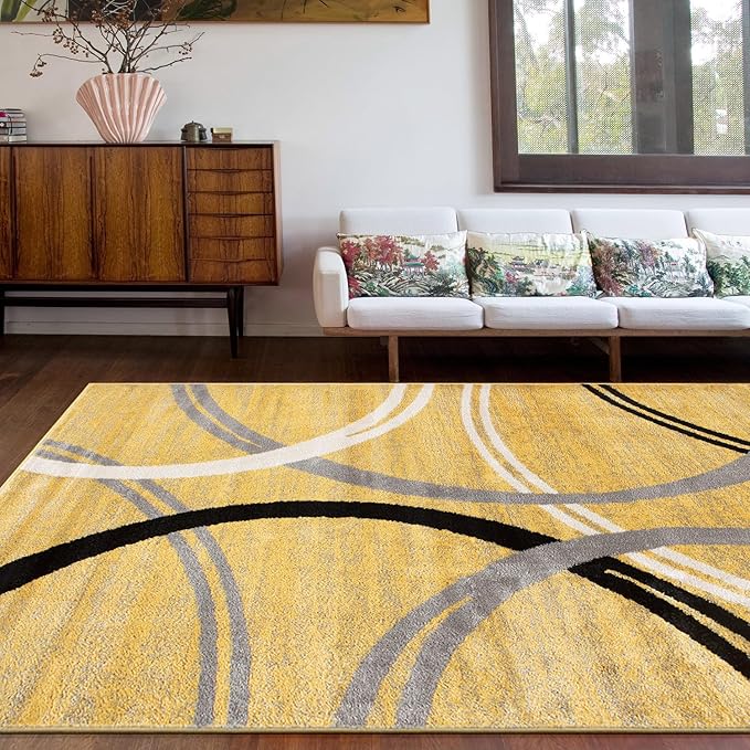 Rugshop Wavy Circles Design Area Rug, Non-Shedding Carpet for Living Room, Bedroom, or Office, Yellow, 6'6" x 9'
