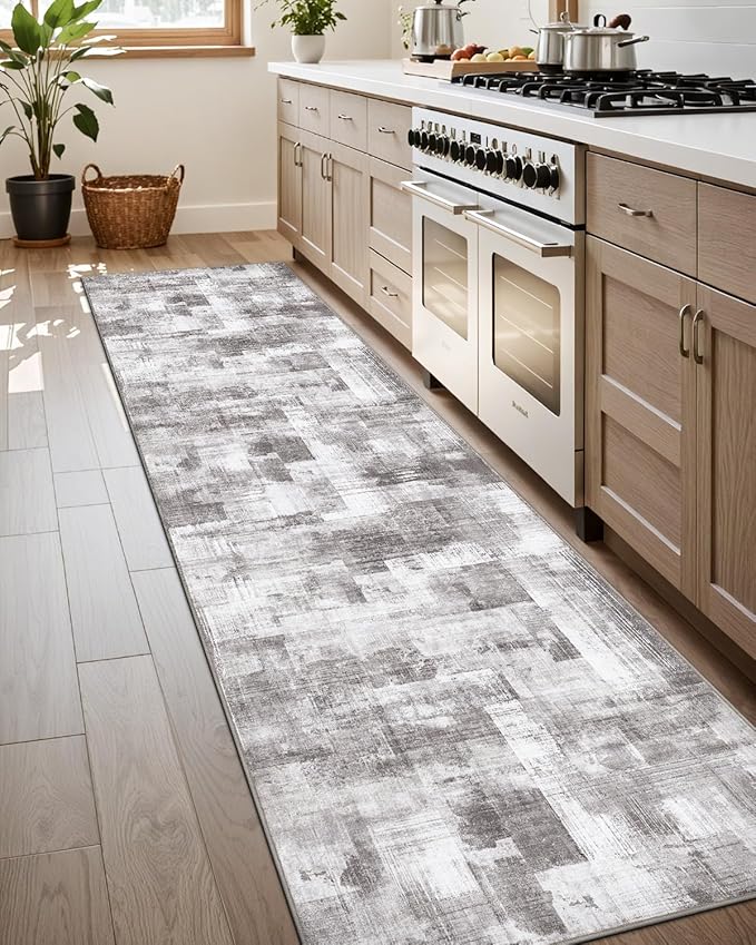LUMI Washable Runner Rug, 3'x7' Non-Slip Hallway Mat, Low Profile Thin Long Carpeet for Laundry Kitchen Bedroom Office, Grey