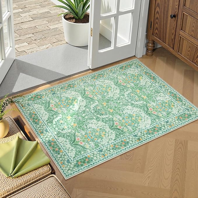 Lahome Floral Entryway Rug, 2x3 Kitchen Rugs Non Slip Washable Boho Green Forest, Soft Door Mat Indoor Entrance, Ultra-Thin Easy Clean Small Throw Carpet for Bedroom Bathroom, Sage Green