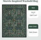 9x12 Area Rug Living Room Rug - Floral Vintage Forest Washable Carpet, Low Pile Non-Slip Stain Resistance Boho Soft Large Carpet for Bedroom, Dining Room Under Table, Farmhouse (9'x12' Dark Green)