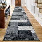 Indoor Runner Rug, Washable Runner Rug with Rubber Backing, Modern Geometric Patchwork Aesthetic Carpet for Bedroom, Living Room, Hallway, Entryway, Washable Rugs Rockwood Collection, 2.7x10 Ft Grey