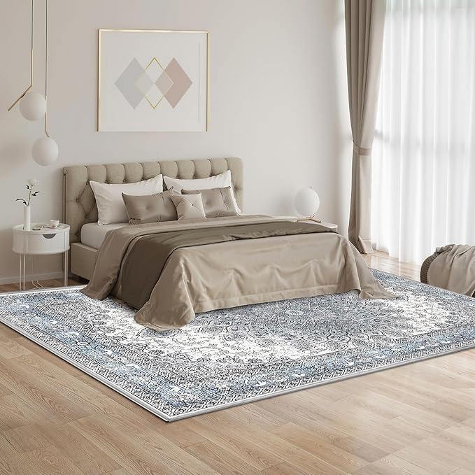 4’x6’ Area Rugs for Living Room Non Slip Washable Low Pile Area Rugs for Bedroom Dining Foldable Vintage Carpets Blue