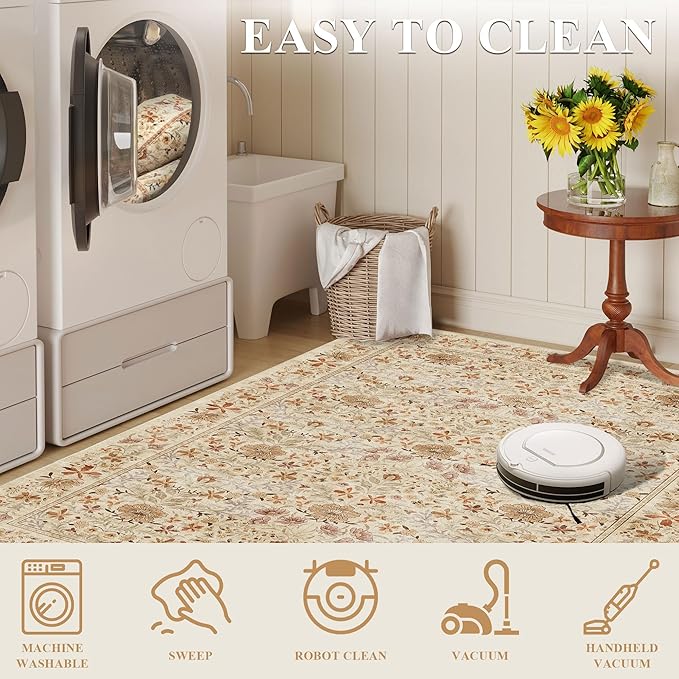 DUKINO 8x10 Area Rugs for Living Room, Vintage Floral Washable Rug with Non Slip Backing, Soft Low Pile & Non-Shedding Large Carpets for Bedroom, Farmhouse, Dining Room, Home Office, Beige