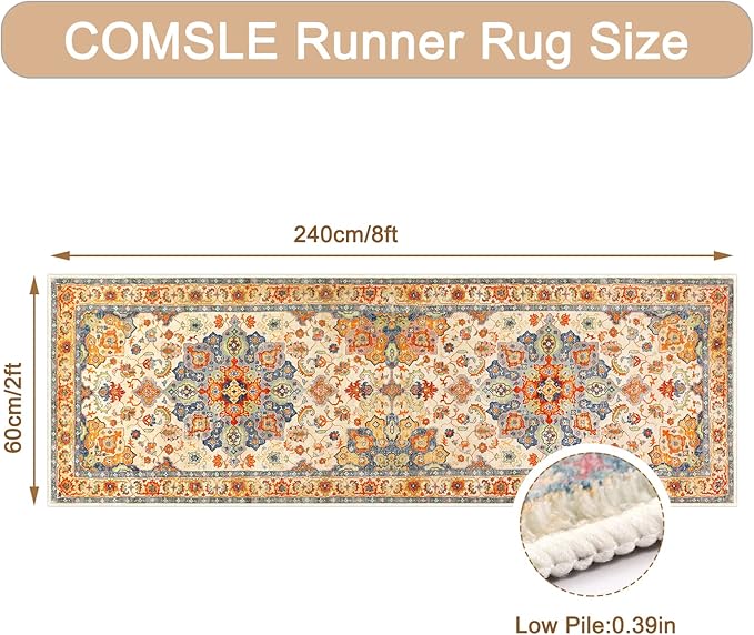 COMSLE Boho Runner Rug, 2' x 8' Washable Rugs for Hallway Faux Wool Small Kitchen Area Rug Distressed Throw Rug Non-Slip Laundry Room Rug Carpet Runner for Entryway Indoor Bedroom