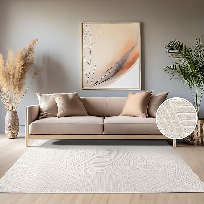 Paco Home Modern Area Rug with Raised Curved Line Pattern – Minimalist Design in Cream, Size: 2'8" x 4'11"