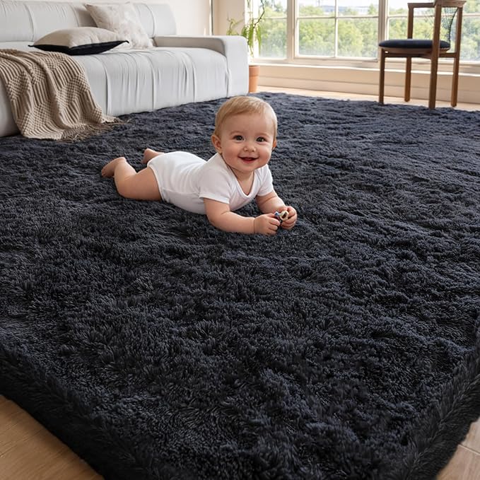 4x6 Area Rugs for Living Room Bedroom,Soft Fluffy Shaggy Bedside Rug, Indoor Floor Carpet for Kids Playroom Playroom, Dorms, Nursery Rooms, Home Decor (Black 4'x6')
