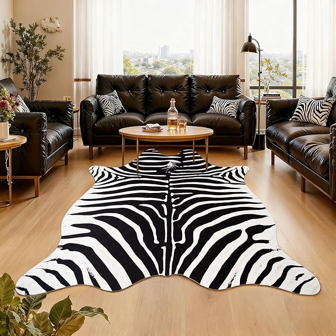 AROGAN Premium Faux Zebra Hide Rug 6.2 x 7 Feet, Sturdy and Large Size Zebra Print Rugs, Suitable for Bedroom Living Room Western Decor, Faux Fur Animal Carpet, Black and White