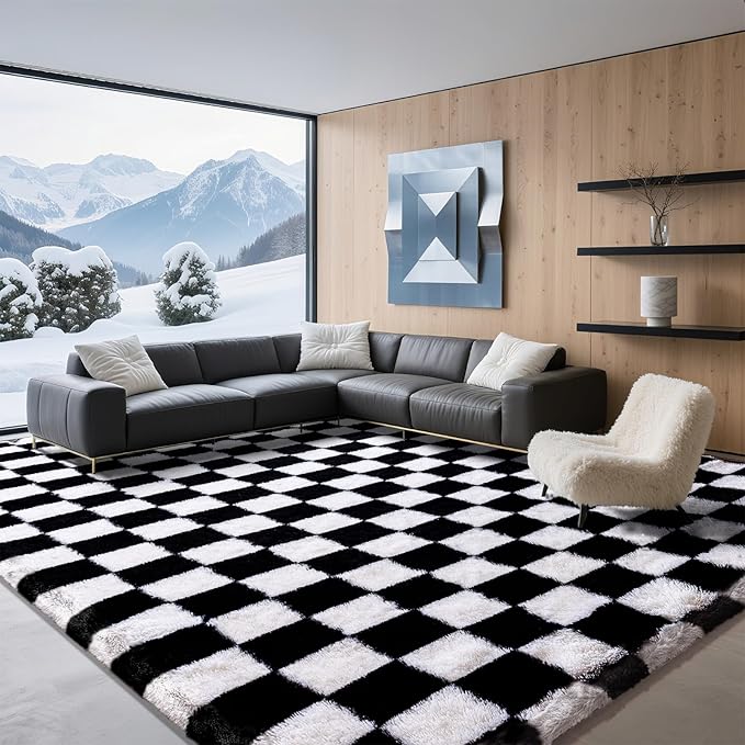 8x10 Area Rugs for Living Room Bedroom, Soft Fluffy Shaggy Bedside Rug, Indoor Floor Carpet for Kids Playroom, Dorms, Nursery Rooms, Home Decor (Black & White 8'x10')
