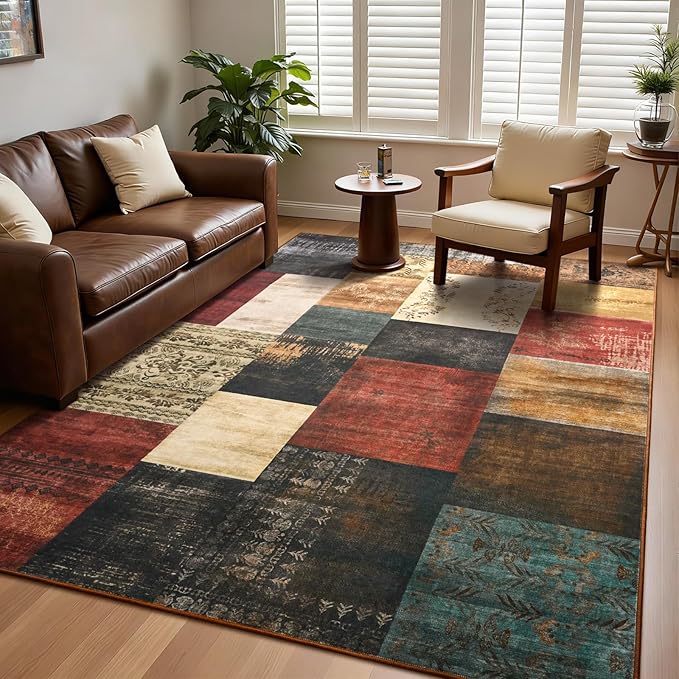 DweIke Washable Area Rugs for Living Room, 5x7 Soft Bedroom Rugs, Geometric Print Non-Slip Modern Rug, Stain Resistant Throw Carpets for Office Nursery Dining Room Home Dorm Decor, Colorful