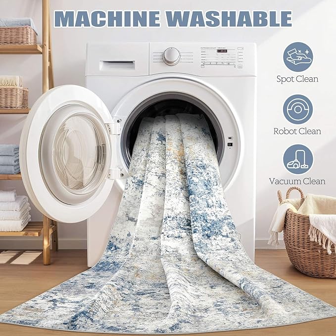 Area Rug Living Room Rugs - 10x14 Abstract Large Soft Indoor Washable Rug Neutral Modern Low Pile Carpet for Bedroom Dining Room Farmhouse Home Office - Blue