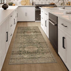 2x5 Washable Vintage Runner Rug Green Brown Hallway Kitchen Carpet Non-Slip Soft Low Pile Distressed Throw Rug for Bedroom Bathroom Laundry Living Room