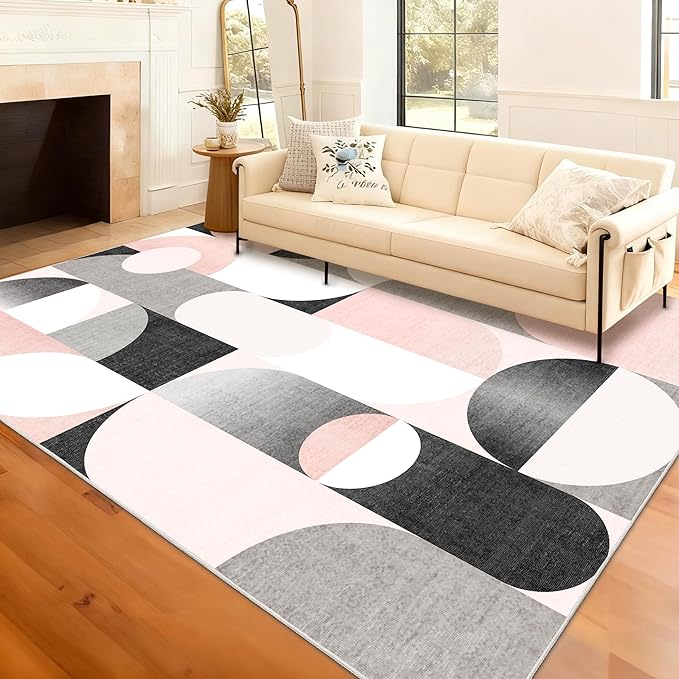 Large Pink Area Rugs 8x10 Washable Rug for Living Room Bedroom Dining Room,Modern Non Slip Carpet,Blush Grey Black