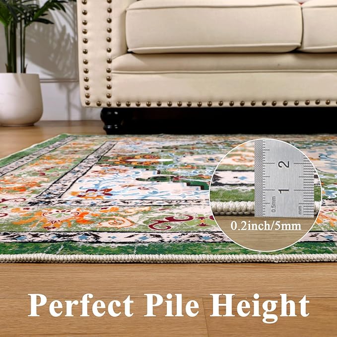U'Artlines Boho Vintage Area Rug 6x9 Machine Washable Low Pile Soft Floor Carpet Non Slip Non Shedding Accent Rug for Living Room Bedroom Entryway Dining Room Office Green