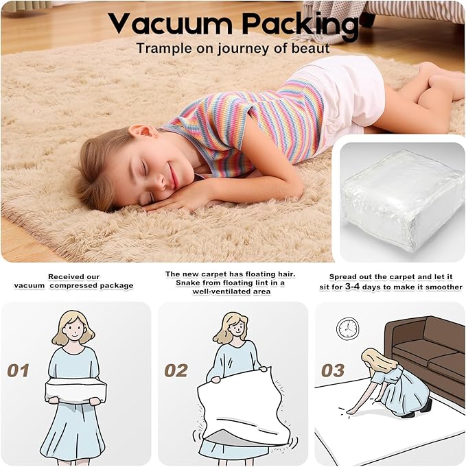 2x3 Light Tan Rugs for Bedroom Living Room, Fluffy Small Area Rug Soft Shag Carpet for Kids Boys and Girls Room with 4 Rugs Non-Slip Stickers Dorm Home Decor (2ft x 3ft)
