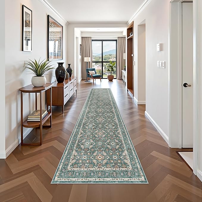 WITSHOCK Washable 3x12 Long Runners Rugs for Hallways,Vintage Neutral Hallway Rugs for Entryway Kitchen Bedroom,Vintage Farmhouse Home Decor(Teal Blue,3x12)