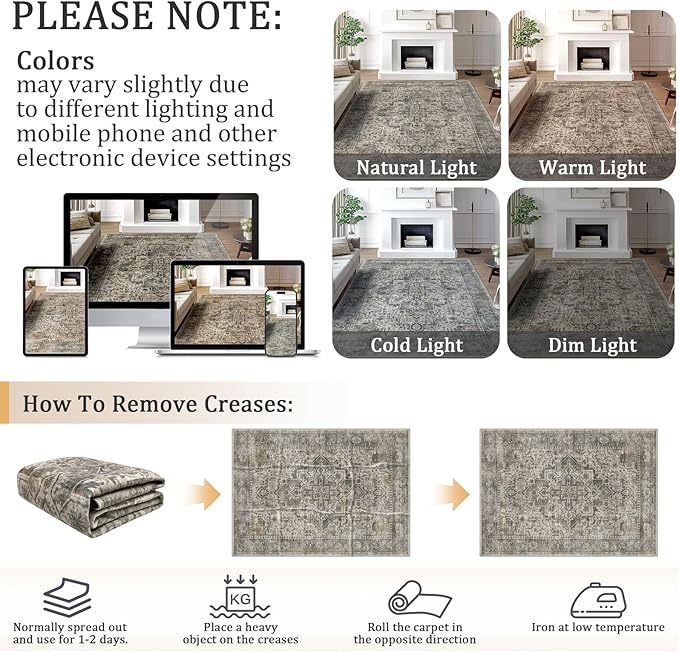 5x7 Machine Washable Area Rug for Living Room, Grey Rusty Boho Vintage Floral Rug Large Non-Slip Low Pile Soft Faux Wool Carpet, Kids and Pets Friendly for Bedroom Dining Room Farmhouse Decor Rug