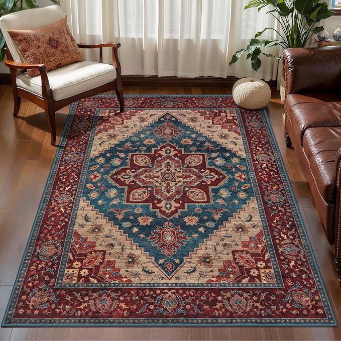 Tangsoo 3x5 Washable Rug, Oriental Indoor Area Rugs, Vintage Non Slip Accent Rug, Print Distressed Boho Red Carpet, Soft Low Pile Rugs for Living Room Dorm Bedroom Bedside Entryway Bathroom