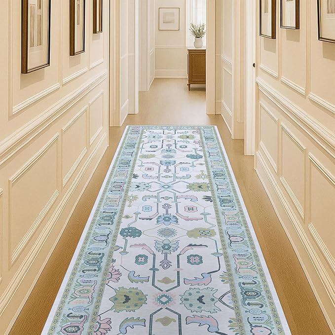 Fame Living Cream Green Oushak Runner Rug, Modern Runners, Turkish, Eclectic, Floral, Pastel, Washable, Long Runner Rugs for Hallway, Kitchen, Living Room, Bedroom, Kitchen, Bathroom, 2'5"x13'