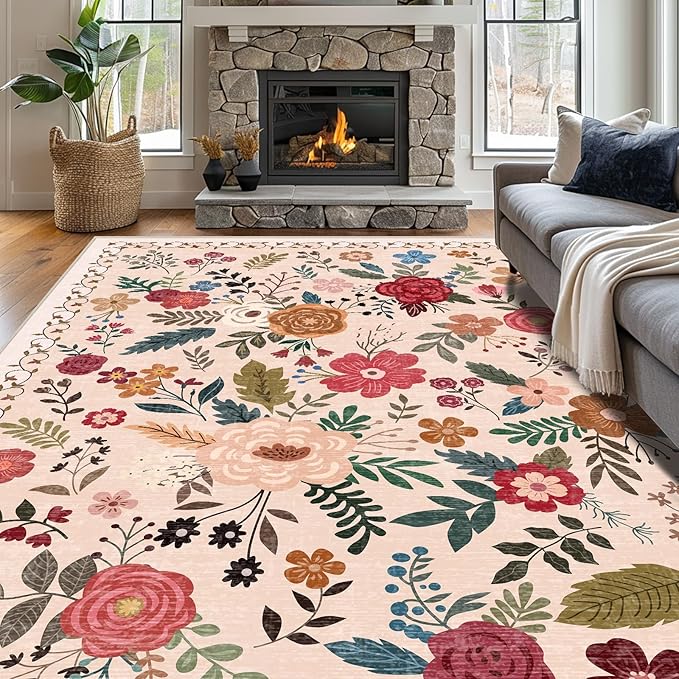 9x12 Area Rugs for Living Room Clearance Washable Boho Area Rug, Vintage Floral Non Slip Low Pile Large Rug for Living Room, Bedroom, Dining Room, Farmhouse (9 x 12 Beige Red)