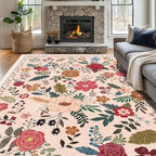 9x12 Area Rugs for Living Room Clearance Washable Boho Area Rug, Vintage Floral Non Slip Low Pile Large Rug for Living Room, Bedroom, Dining Room, Farmhouse (9 x 12 Beige Red)