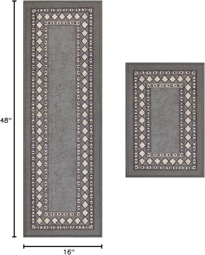 Antep Rugs Alfombras Modern Bordered 2pc Non-Skid (Non-Slip) Low Profile Pile Rubber Backing Indoor Kitchen Runner Rugs (Gray, 2pc Set)