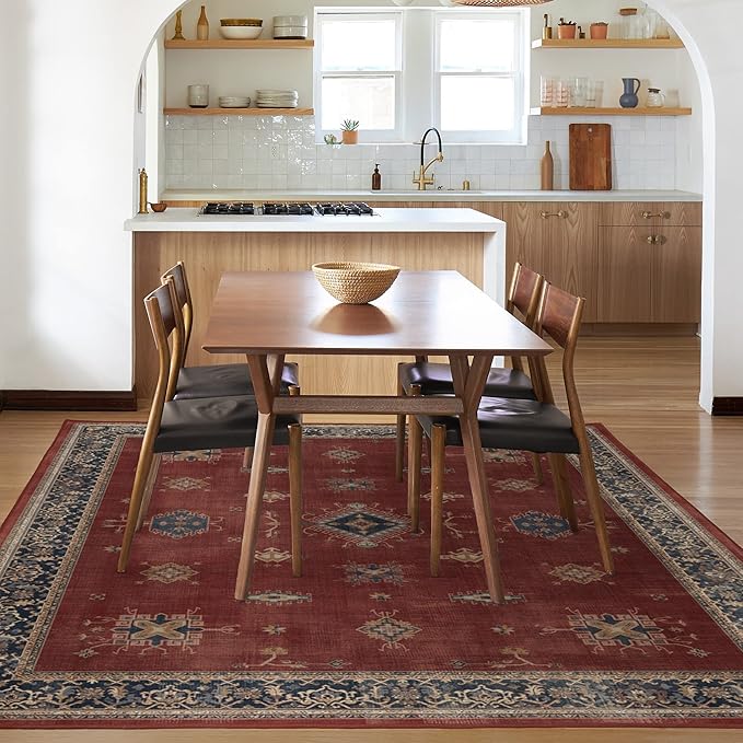 RUGGABLE Washable Vintage Area Rug – Verena Amber Red 6x9, Stain-Resistant, Non-Slip – Medium Machine Washable Rugs for Living Room, Bedroom, Hallway, Entryway & Office–with Standard Pad