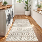 KUTA Boho 3x5 Rug for Entryway, Moroccan Washable Area Rug for Living Room, Non Slip Beige Navy Blue Ultra Soft Print Distressed Geometric Low-Pile Entry Throw Carpet for Bedroom Nursery Dorm Decor