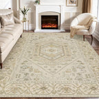 SERISSA Washable Rugs 8x10 Area Rugs, Large Non-Slip Boho Living Room Rug, Ultra Soft Vintage Beige Print Distressed Farmhouse Carpet for Dining Room Bedroom Dorm Office Home Decor