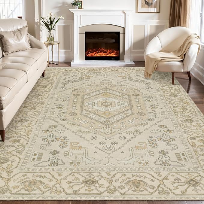 SERISSA Washable Rugs 8x10 Area Rugs, Large Non-Slip Boho Living Room Rug, Ultra Soft Vintage Beige Print Distressed Farmhouse Carpet for Dining Room Bedroom Dorm Office Home Decor